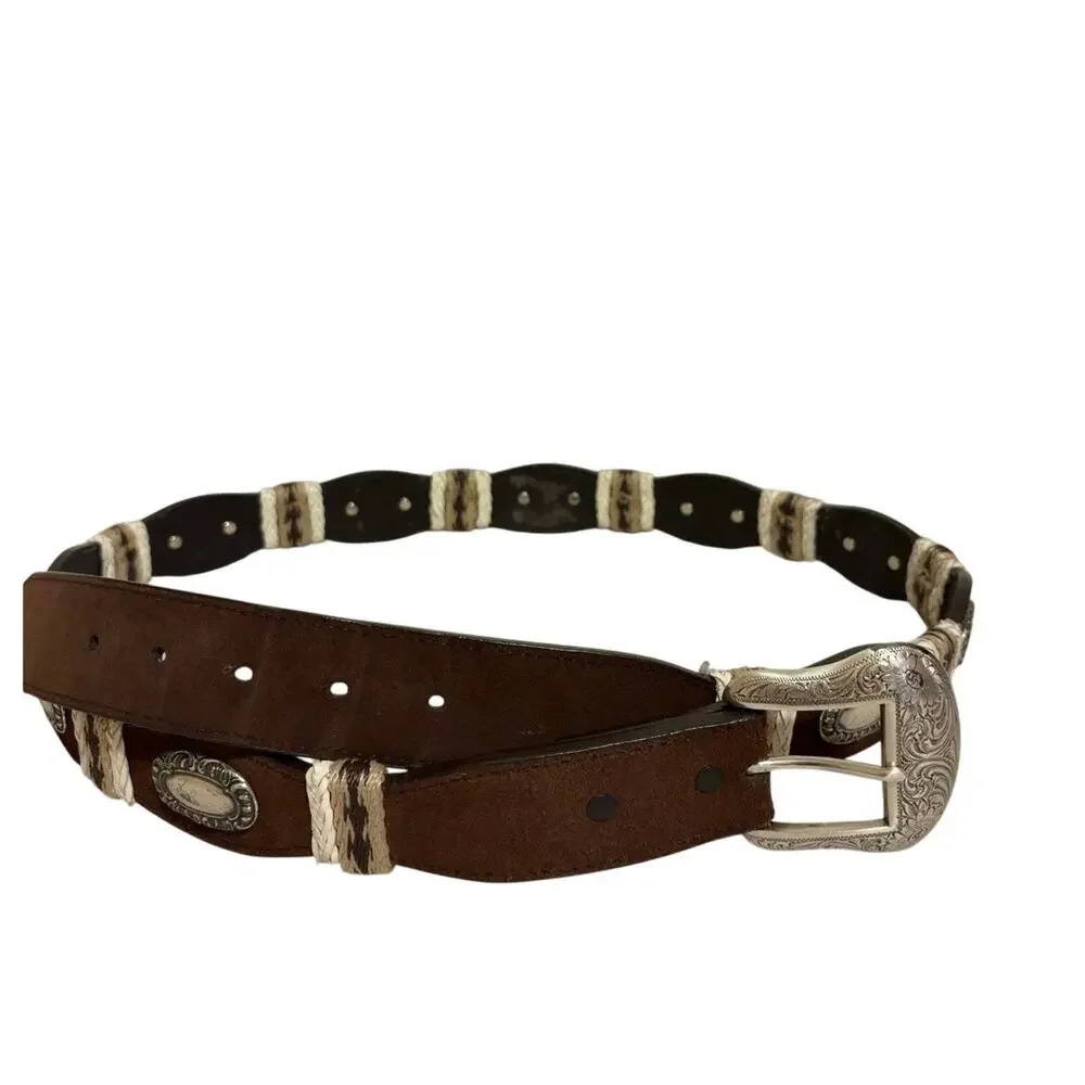 Western Genuine Leather Belt Men’s XXL Brown Rawhide Lacing Silvertone Conchos